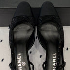 CHANEL Double  Rhinestone Slingback Sheepskin Black