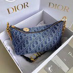 DIOR STAR 28 HOBO BAG WITH CHAIN BLUE DENIM OBLIQUE JACQUARD