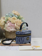 DIOR CARO MINI 16 VANITY CASE IN CERULEAN BLUE MONOGRAM DENIM