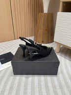 CHANEL HIGH SLINGBACKS BLACK SATIN AND LAMBSKIN
