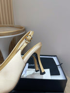 CHANEL HIGH SLINGBACKS BEIGE CREAM SATIN AND LAMBSKIN