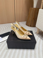 CHANEL HIGH SLINGBACKS BEIGE CREAM SATIN AND LAMBSKIN