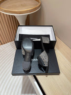 CHANEL HIGH HEEL BLACK SATIN WITH WHITE RHINESTONES