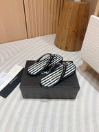CHANEL WOVEN FLIP FLOP WHITE MIX BLACK SHEEPSKIN