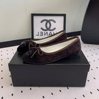 CHANEL BALLET FLAT DARK BROWN MIX BLACK VELVET