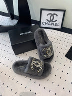 CHANEL THICK-SOLED SLIPPERS IN GREY SHEEP WOOL