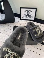 CHANEL THICK-SOLED SLIPPERS IN GREY SHEEP WOOL
