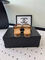 CHANEL RHINESTONE LETTER SLIPPERS CINNAMON BROWN LAMBSKIN