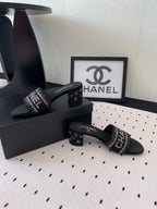 CHANEL RHINESTONE LETTER HIGH HEELS BLACK AND WHITE LAMBSKIN