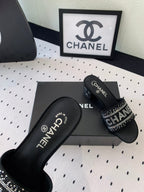 CHANEL RHINESTONE LETTER HIGH HEELS BLACK AND WHITE LAMBSKIN