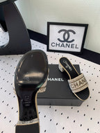 CHANEL RHINESTONE LETTER HIGH HEELS CARAMEL BROWN AND BLACK LAMBSKIN