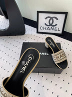 CHANEL RHINESTONE LETTER HIGH HEELS CARAMEL BROWN AND BLACK LAMBSKIN