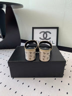 CHANEL RHINESTONE LETTER HIGH HEELS CARAMEL BROWN AND BLACK LAMBSKIN