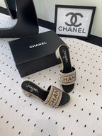 CHANEL RHINESTONE LETTER HIGH HEELS CARAMEL BROWN AND BLACK LAMBSKIN