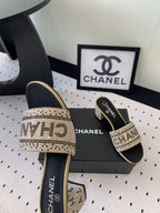 CHANEL RHINESTONE LETTER HIGH HEELS CARAMEL BROWN AND BLACK LAMBSKIN