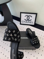 CHANEL RHINESTONE LETTER HIGH HEELS BLACK LAMBSKIN