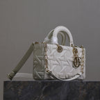 DIOR LADY D-JOY BAG 26 IN WHITE GRAPHIC CANNAGE CALFSKIN PALE GOLD-FINISH METAL CHARMS