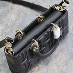 DIOR LADY D-JOY BAG 26 IN BLACK GRAPHIC CANNAGE CALFSKIN PALE GOLD-FINISH METAL CHARMS
