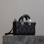 DIOR LADY D-JOY BAG 26 IN BLACK GRAPHIC CANNAGE CALFSKIN PALE GOLD-FINISH METAL CHARMS
