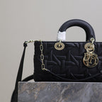 DIOR LADY D-JOY BAG 26 IN BLACK GRAPHIC CANNAGE CALFSKIN PALE GOLD-FINISH METAL CHARMS