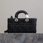 DIOR LADY D-JOY BAG 26 IN BLACK GRAPHIC CANNAGE CALFSKIN PALE GOLD-FINISH METAL CHARMS
