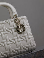 DIOR LADY BAG 24 IN WHITE GRAPHIC CANNAGE CALFSKIN PALE GOLD-FINISH METAL CHARMS