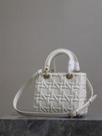 DIOR LADY BAG 24 IN WHITE GRAPHIC CANNAGE CALFSKIN PALE GOLD-FINISH METAL CHARMS