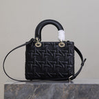DIOR LADY BAG 24 IN BLACK GRAPHIC CANNAGE CALFSKIN PALE GOLD-FINISH METAL CHARMS