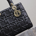 DIOR LADY BAG 24 IN BLACK GRAPHIC CANNAGE CALFSKIN PALE GOLD-FINISH METAL CHARMS