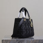 DIOR LADY BAG 24 IN BLACK GRAPHIC CANNAGE CALFSKIN PALE GOLD-FINISH METAL CHARMS