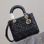 DIOR LADY BAG 24 IN BLACK GRAPHIC CANNAGE CALFSKIN PALE GOLD-FINISH METAL CHARMS