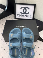 CHANEL DAD SANDAL AEGEAN BLUE LAMB FUR