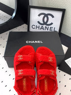 CHANEL DAD SANDAL CRIMSON RED LAMB FUR