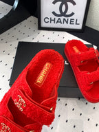 CHANEL DAD SANDAL MULE IN CRIMSON RED LAMB FUR