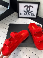 CHANEL DAD SANDAL MULE IN CRIMSON RED LAMB FUR