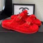 CHANEL DAD SANDAL MULE IN CRIMSON RED LAMB FUR