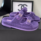 CHANEL DAD SANDAL MULE IN PLUM PURPLE LAMB FUR