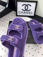 CHANEL DAD SANDAL MULE IN PLUM PURPLE LAMB FUR