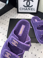 CHANEL DAD SANDAL MULE IN PLUM PURPLE LAMB FUR