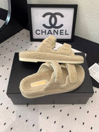 CHANEL DAD SANDAL MULE IN ECRU BEIGE LAMB FUR