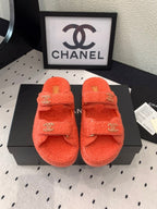 CHANEL DAD SANDAL MULE IN RED ORANGE LAMB FUR