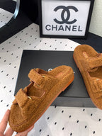 CHANEL DAD SANDAL MULE IN BRONZE BROWN LAMB FUR