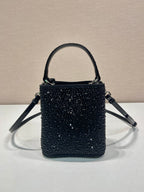 PRADA PANIER BUCKET BAG 16 IN BLACK CALFSKIN ATTACHED FULL CRYSTALS