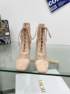 DIOR NAUGHTILY-D HEELED ANKLE BOOT IN BISQUE BEIGE CANNAGE MOTIF MESH AND SUEDE 8 CM