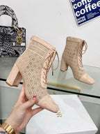 DIOR NAUGHTILY-D HEELED ANKLE BOOT IN BISQUE BEIGE CANNAGE MOTIF MESH AND SUEDE 8 CM