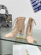 DIOR NAUGHTILY-D HEELED ANKLE BOOT IN BISQUE BEIGE CANNAGE MOTIF MESH AND SUEDE 8 CM