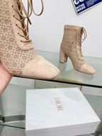 DIOR NAUGHTILY-D HEELED ANKLE BOOT IN BISQUE BEIGE CANNAGE MOTIF MESH AND SUEDE 8 CM