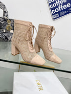 DIOR NAUGHTILY-D HEELED ANKLE BOOT IN BISQUE BEIGE CANNAGE MOTIF MESH AND SUEDE 8 CM