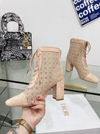 DIOR NAUGHTILY-D HEELED ANKLE BOOT IN BISQUE BEIGE CANNAGE MOTIF MESH AND SUEDE 8 CM