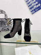 DIOR NAUGHTILY-D HEELED ANKLE BOOT IN BLACK CANNAGE MOTIF MESH AND SUEDE 8 CM